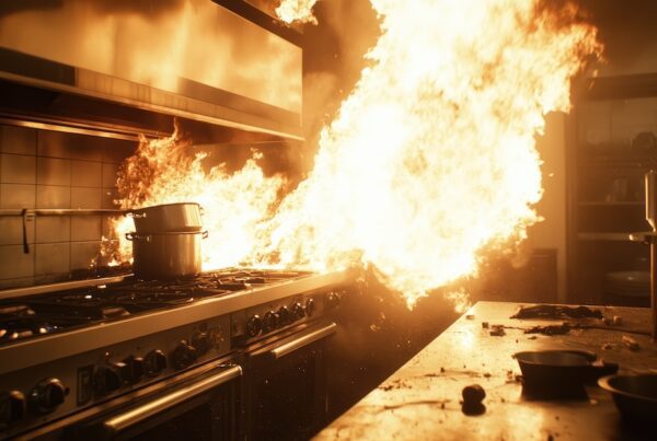 Kitchen fire, flames erupt, stovetop ablaze, restaurant disaster