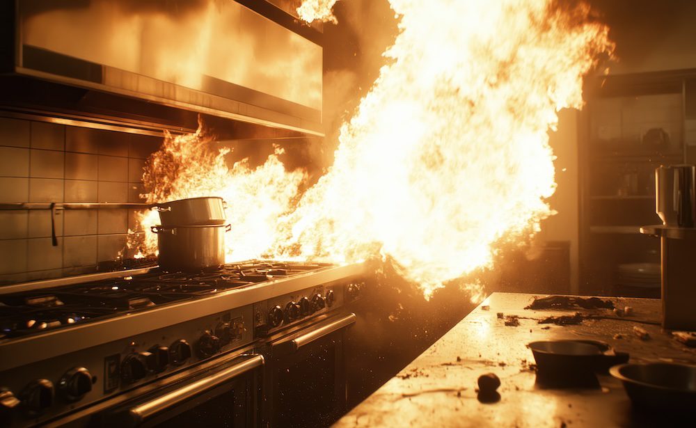 Kitchen fire, flames erupt, stovetop ablaze, restaurant disaster